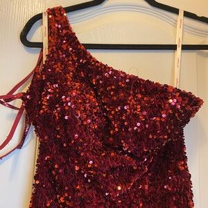 Dark red long one shoulder sequin dress